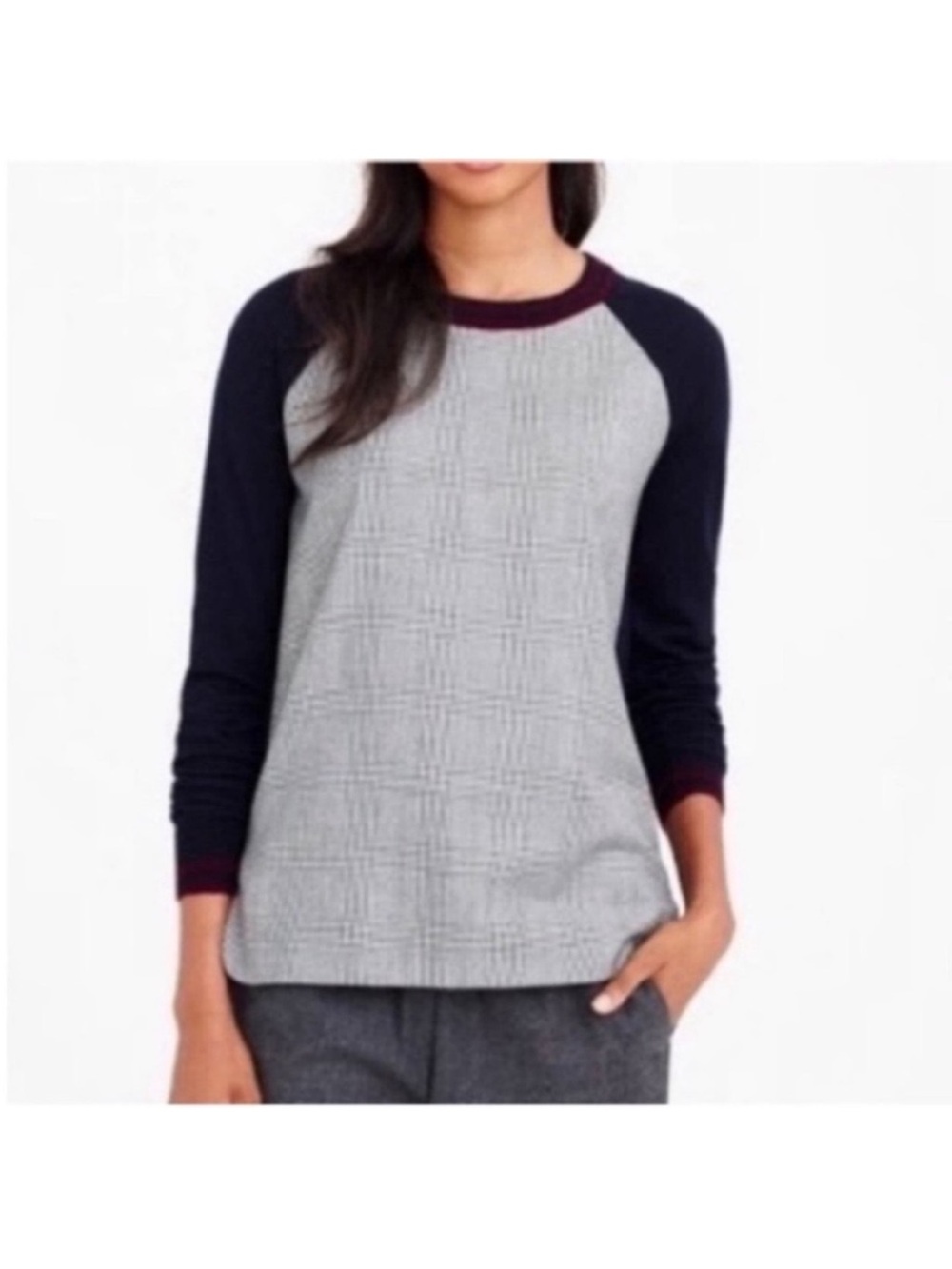 J. Crew Grey Plaid Front Raglan Sweatshirt with Navy Sleeves and Burgundy Trim